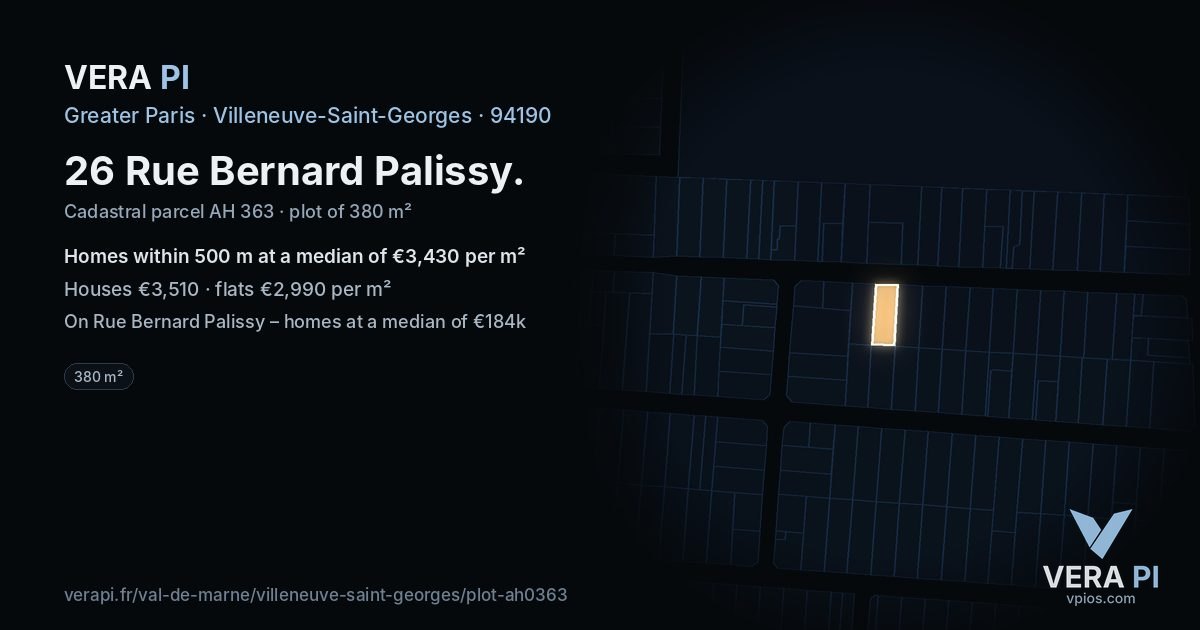 26 Rue Bernard Palissy, Villeneuve-Saint-Georges at night – the plot lit, the parcels around coloured by the prices near them