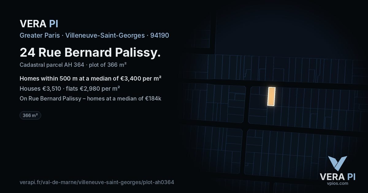 24 Rue Bernard Palissy, Villeneuve-Saint-Georges at night – the plot lit, the parcels around coloured by the prices near them