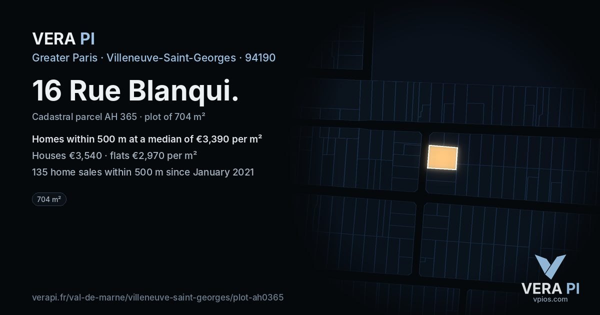 16 Rue Blanqui, Villeneuve-Saint-Georges at night – the plot lit, the parcels around coloured by the prices near them