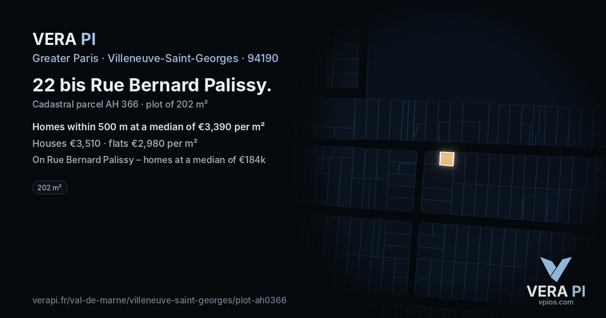 22 bis Rue Bernard Palissy, Villeneuve-Saint-Georges at night – the plot lit, the parcels around coloured by the prices near them