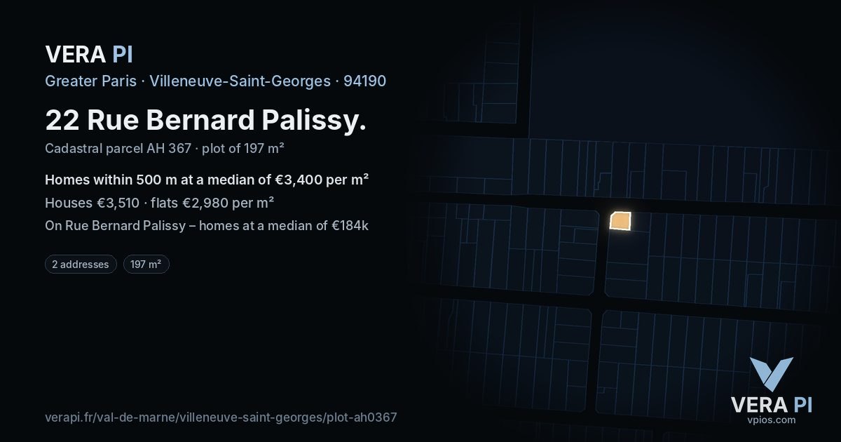 22 Rue Bernard Palissy, Villeneuve-Saint-Georges at night – the plot lit, the parcels around coloured by the prices near them