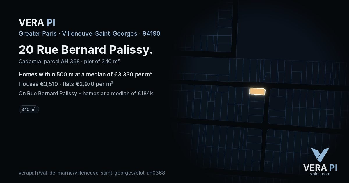 20 Rue Bernard Palissy, Villeneuve-Saint-Georges at night – the plot lit, the parcels around coloured by the prices near them