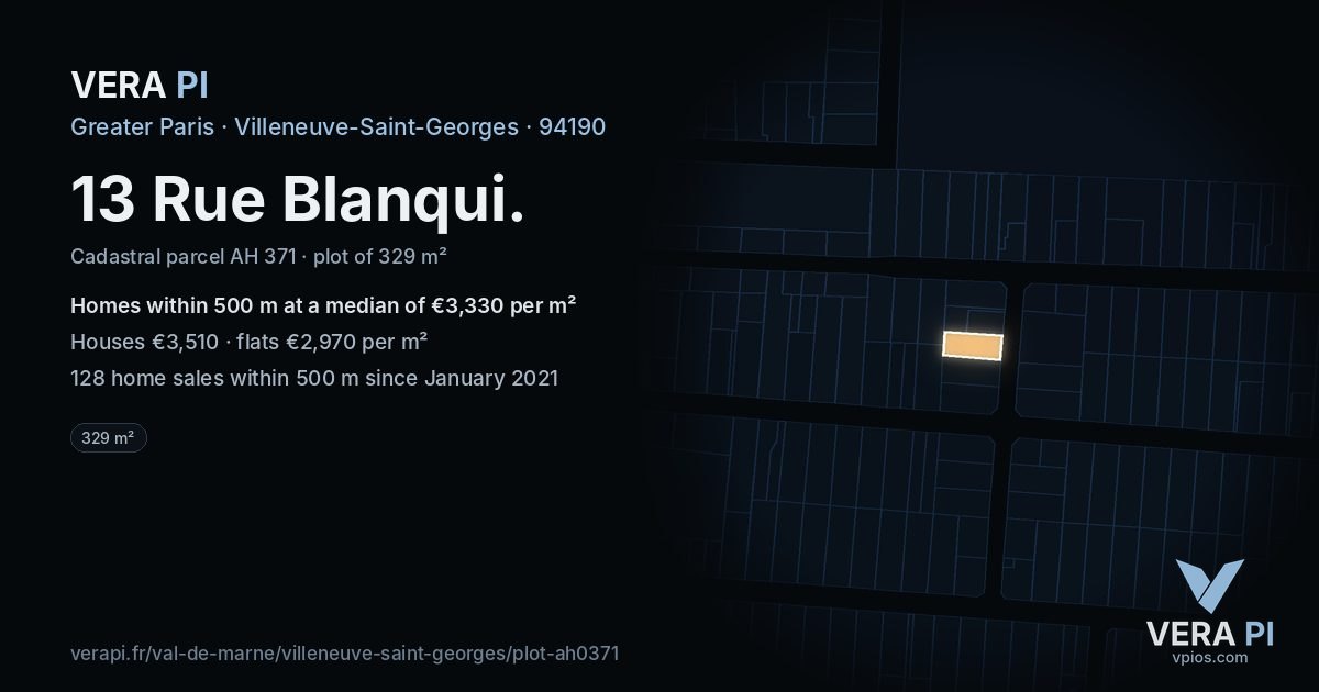 13 Rue Blanqui, Villeneuve-Saint-Georges at night – the plot lit, the parcels around coloured by the prices near them