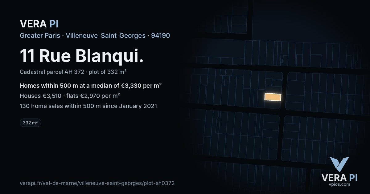 11 Rue Blanqui, Villeneuve-Saint-Georges at night – the plot lit, the parcels around coloured by the prices near them