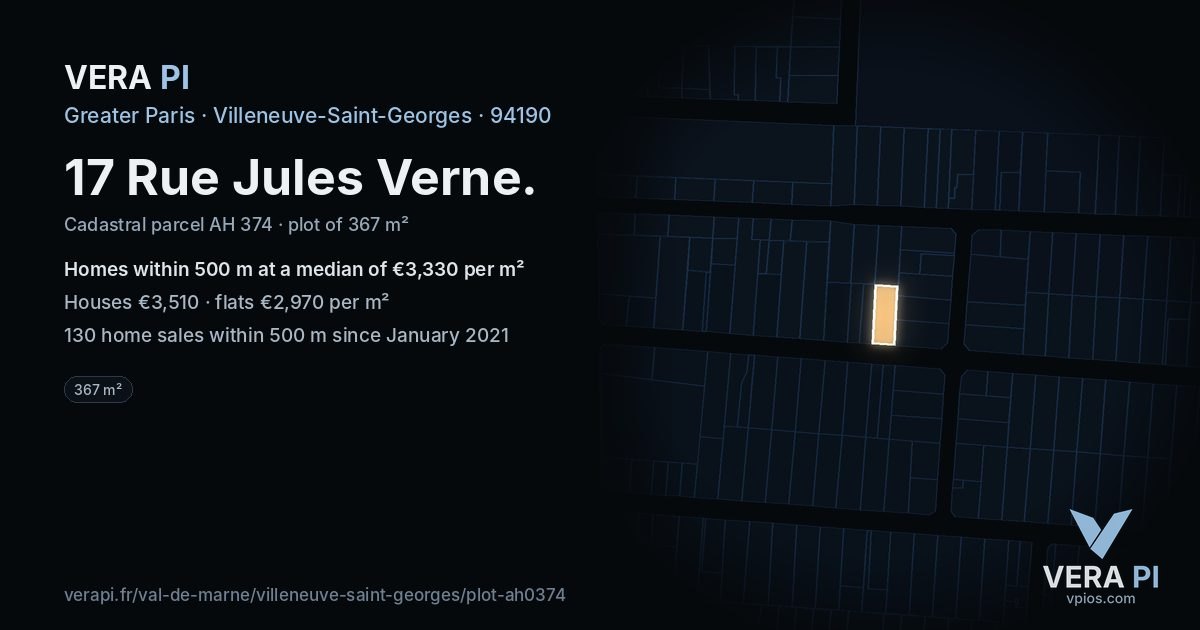 17 Rue Jules Verne, Villeneuve-Saint-Georges at night – the plot lit, the parcels around coloured by the prices near them