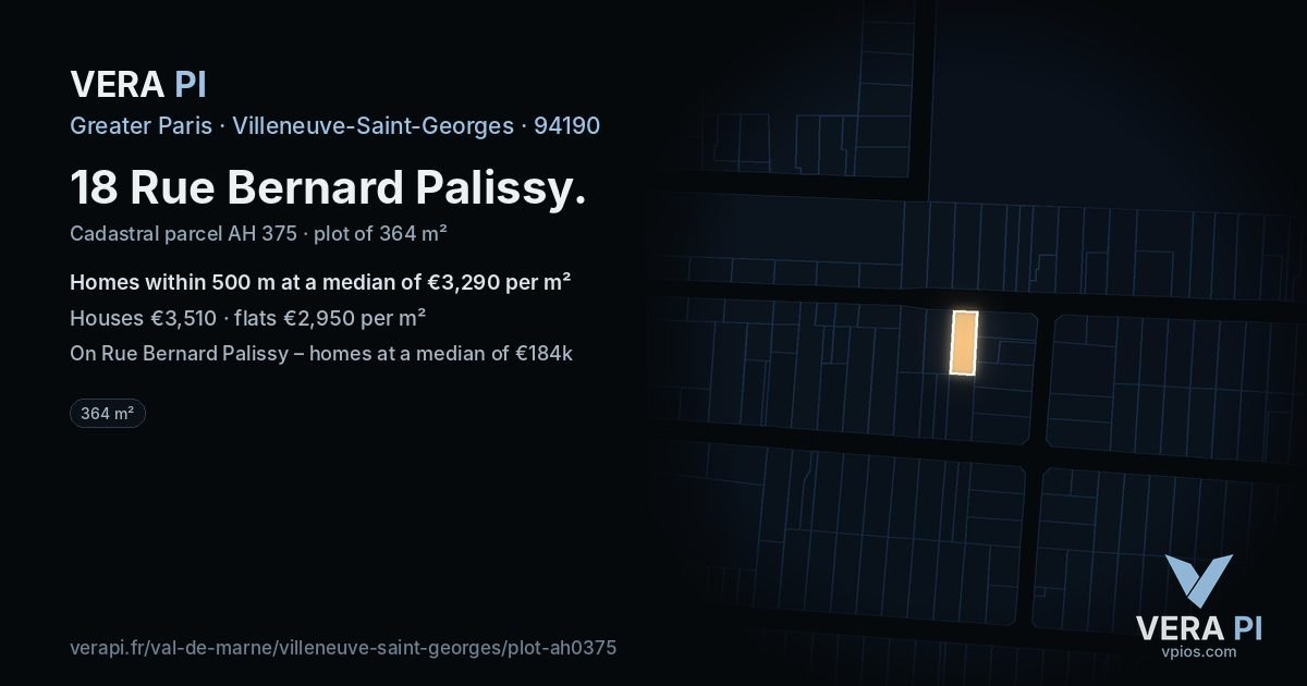 18 Rue Bernard Palissy, Villeneuve-Saint-Georges at night – the plot lit, the parcels around coloured by the prices near them