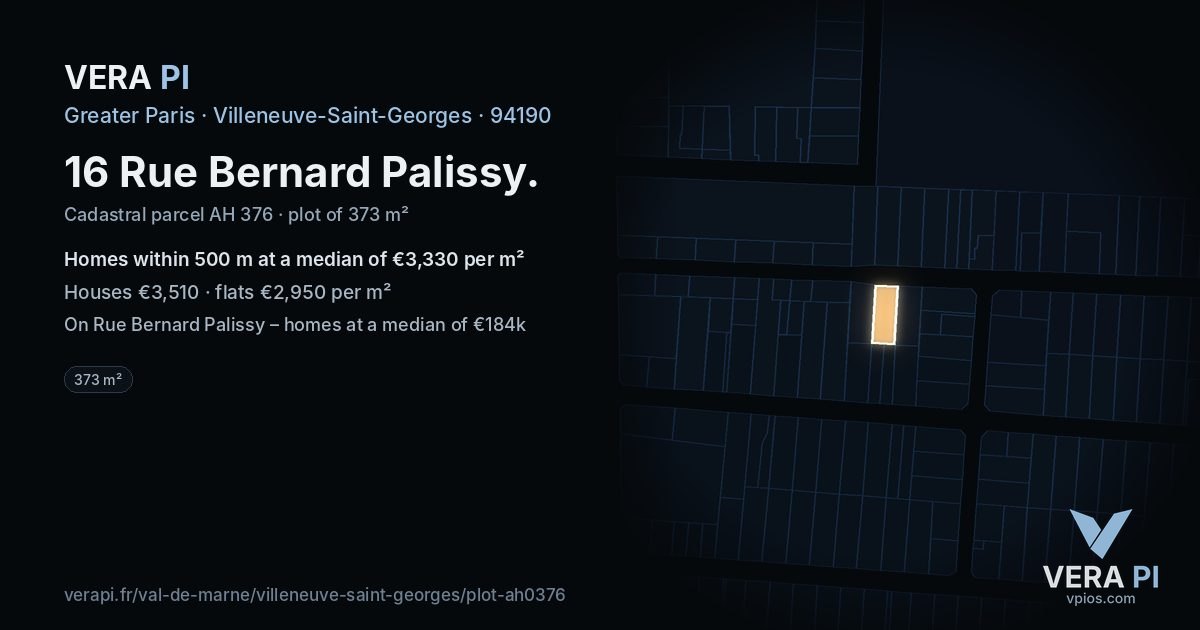 16 Rue Bernard Palissy, Villeneuve-Saint-Georges at night – the plot lit, the parcels around coloured by the prices near them