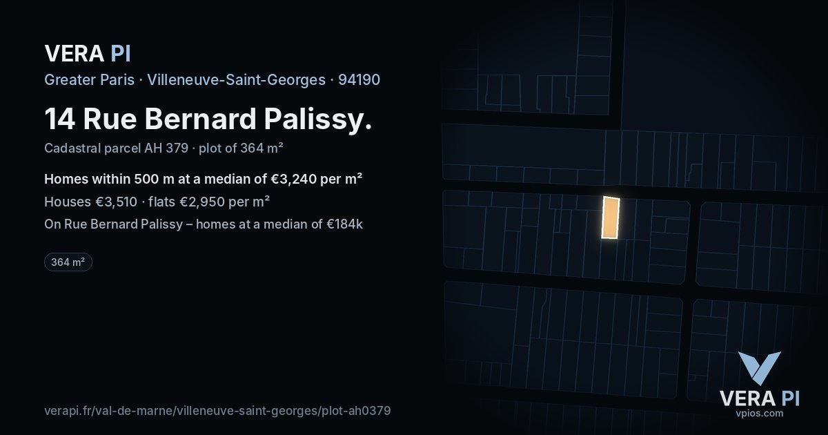 14 Rue Bernard Palissy, Villeneuve-Saint-Georges at night – the plot lit, the parcels around coloured by the prices near them