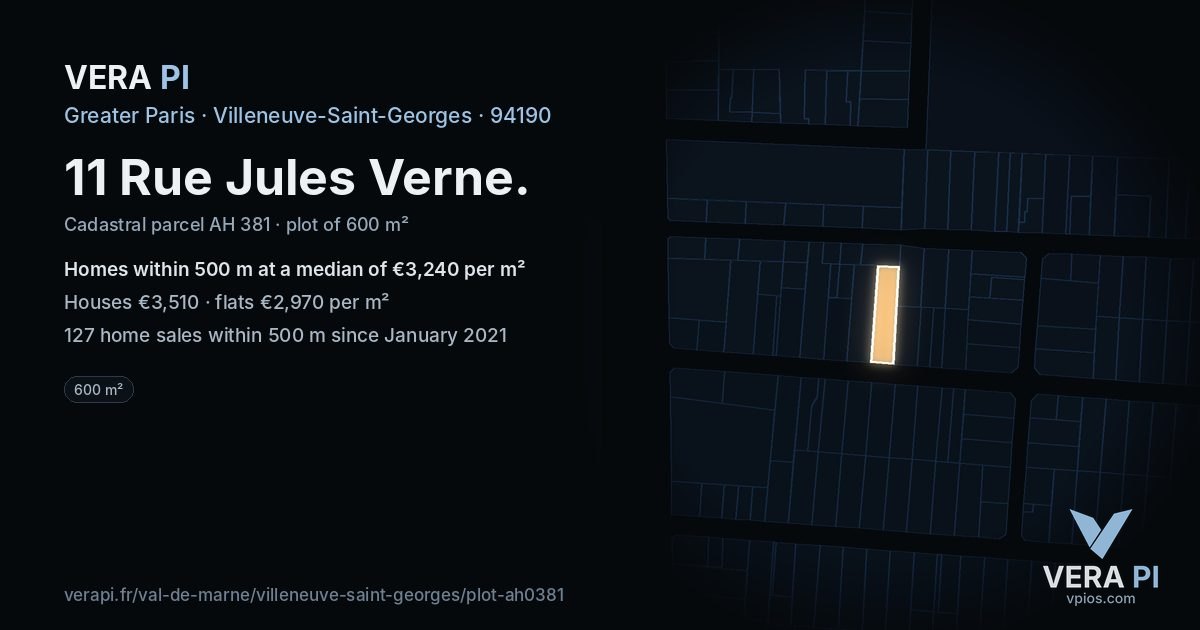 11 Rue Jules Verne, Villeneuve-Saint-Georges at night – the plot lit, the parcels around coloured by the prices near them