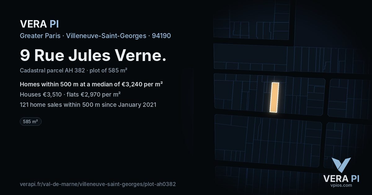 9 Rue Jules Verne, Villeneuve-Saint-Georges at night – the plot lit, the parcels around coloured by the prices near them