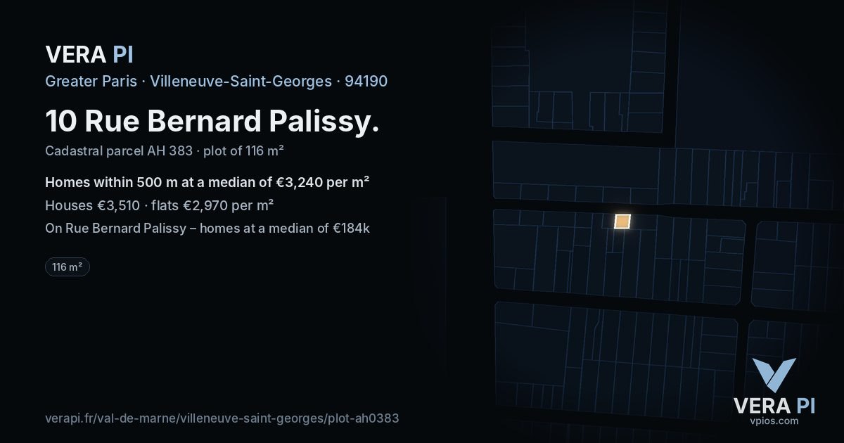 10 Rue Bernard Palissy, Villeneuve-Saint-Georges at night – the plot lit, the parcels around coloured by the prices near them