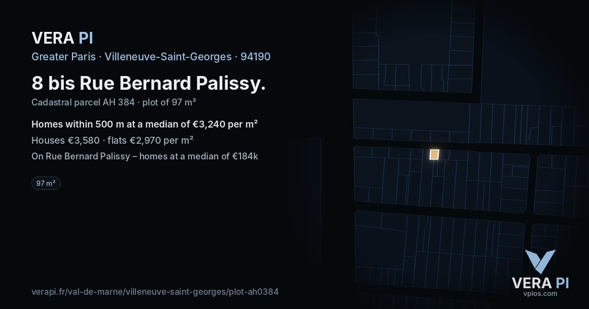 8 bis Rue Bernard Palissy, Villeneuve-Saint-Georges at night – the plot lit, the parcels around coloured by the prices near them