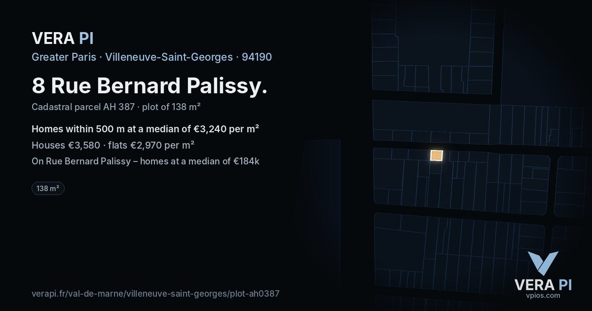 8 Rue Bernard Palissy, Villeneuve-Saint-Georges at night – the plot lit, the parcels around coloured by the prices near them