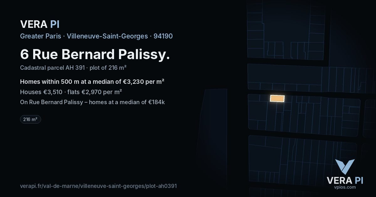 6 Rue Bernard Palissy, Villeneuve-Saint-Georges at night – the plot lit, the parcels around coloured by the prices near them