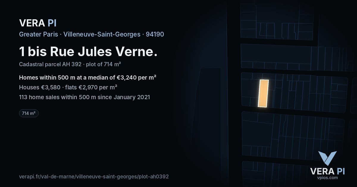 1 bis Rue Jules Verne, Villeneuve-Saint-Georges at night – the plot lit, the parcels around coloured by the prices near them