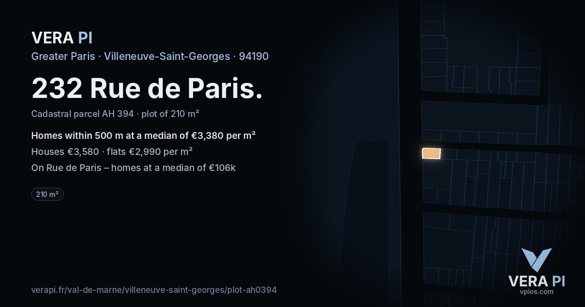 232 Rue de Paris, Villeneuve-Saint-Georges at night – the plot lit, the parcels around coloured by the prices near them