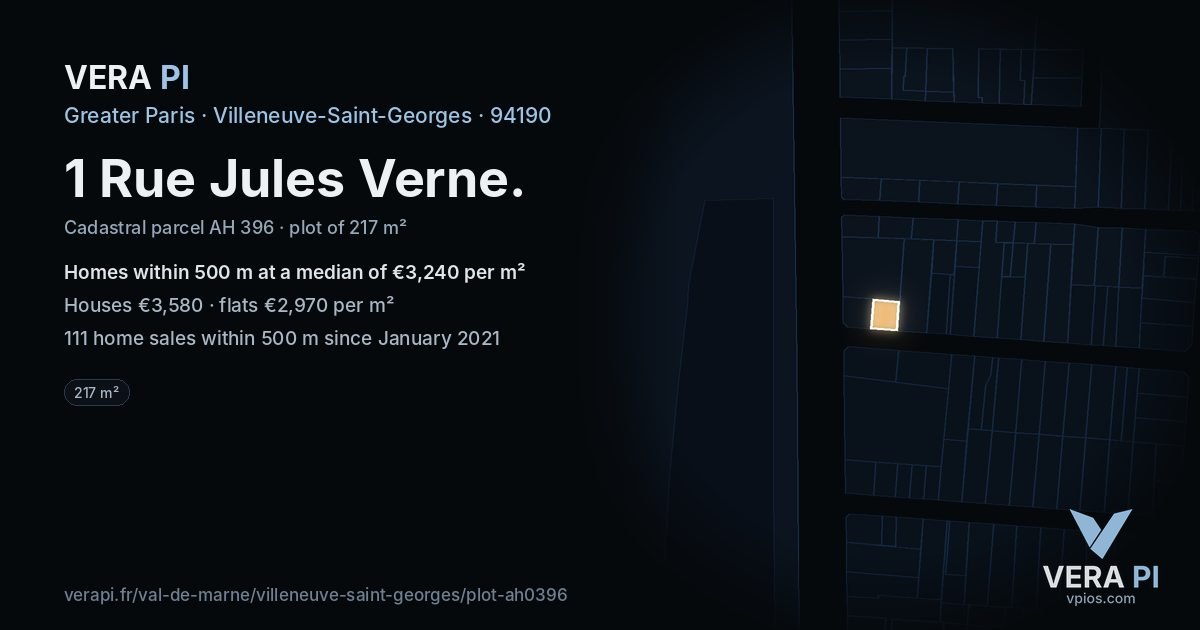 1 Rue Jules Verne, Villeneuve-Saint-Georges at night – the plot lit, the parcels around coloured by the prices near them