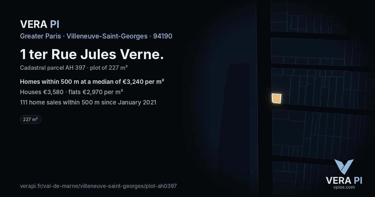 1 ter Rue Jules Verne, Villeneuve-Saint-Georges at night – the plot lit, the parcels around coloured by the prices near them