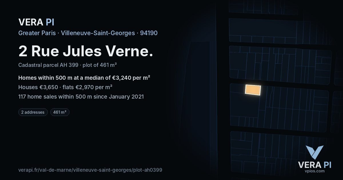 2 Rue Jules Verne, Villeneuve-Saint-Georges at night – the plot lit, the parcels around coloured by the prices near them