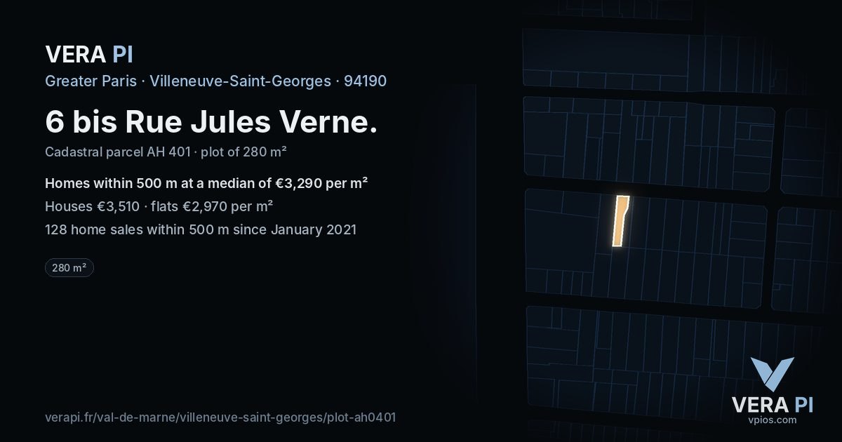 6 bis Rue Jules Verne, Villeneuve-Saint-Georges at night – the plot lit, the parcels around coloured by the prices near them