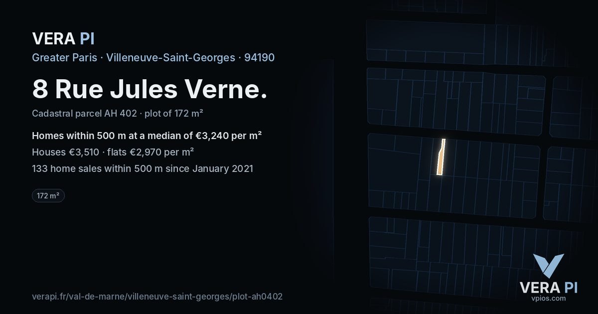 8 Rue Jules Verne, Villeneuve-Saint-Georges at night – the plot lit, the parcels around coloured by the prices near them