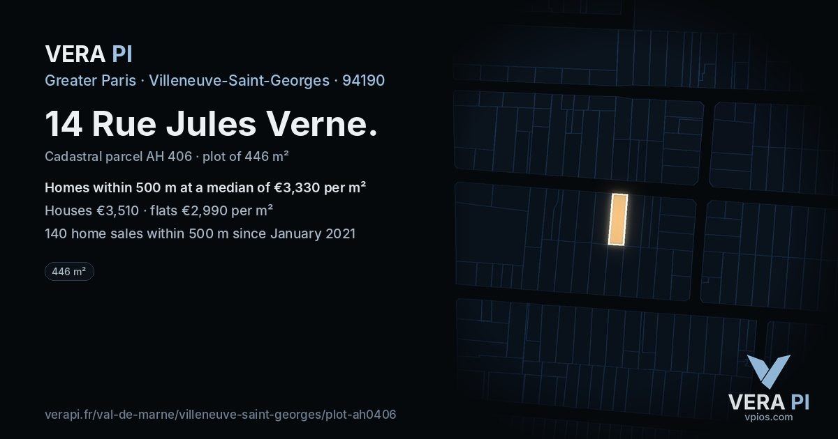 14 Rue Jules Verne, Villeneuve-Saint-Georges at night – the plot lit, the parcels around coloured by the prices near them