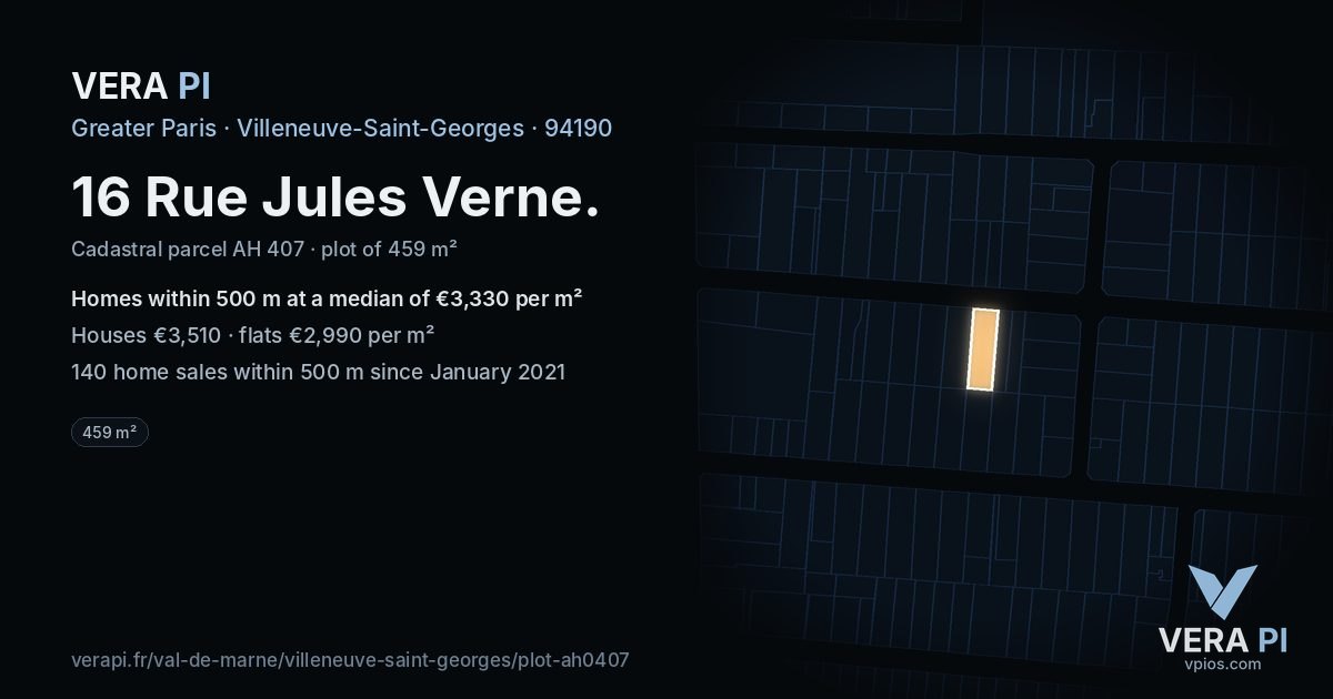16 Rue Jules Verne, Villeneuve-Saint-Georges at night – the plot lit, the parcels around coloured by the prices near them