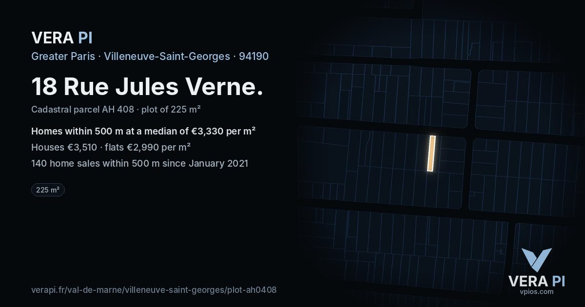 18 Rue Jules Verne, Villeneuve-Saint-Georges at night – the plot lit, the parcels around coloured by the prices near them