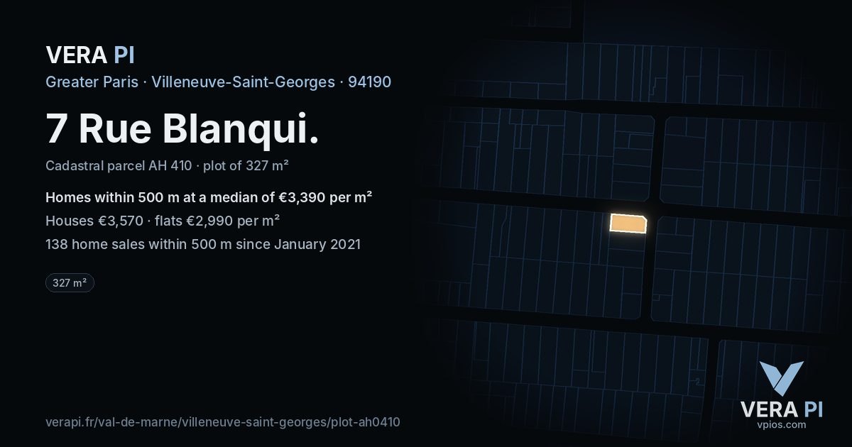 7 Rue Blanqui, Villeneuve-Saint-Georges at night – the plot lit, the parcels around coloured by the prices near them