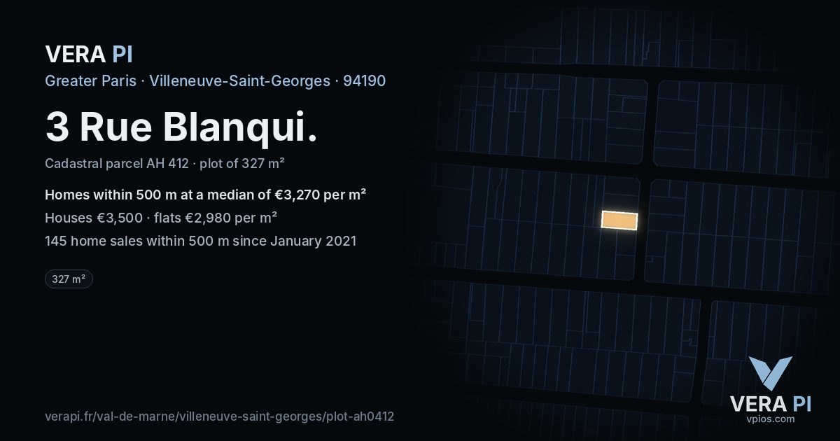 3 Rue Blanqui, Villeneuve-Saint-Georges at night – the plot lit, the parcels around coloured by the prices near them