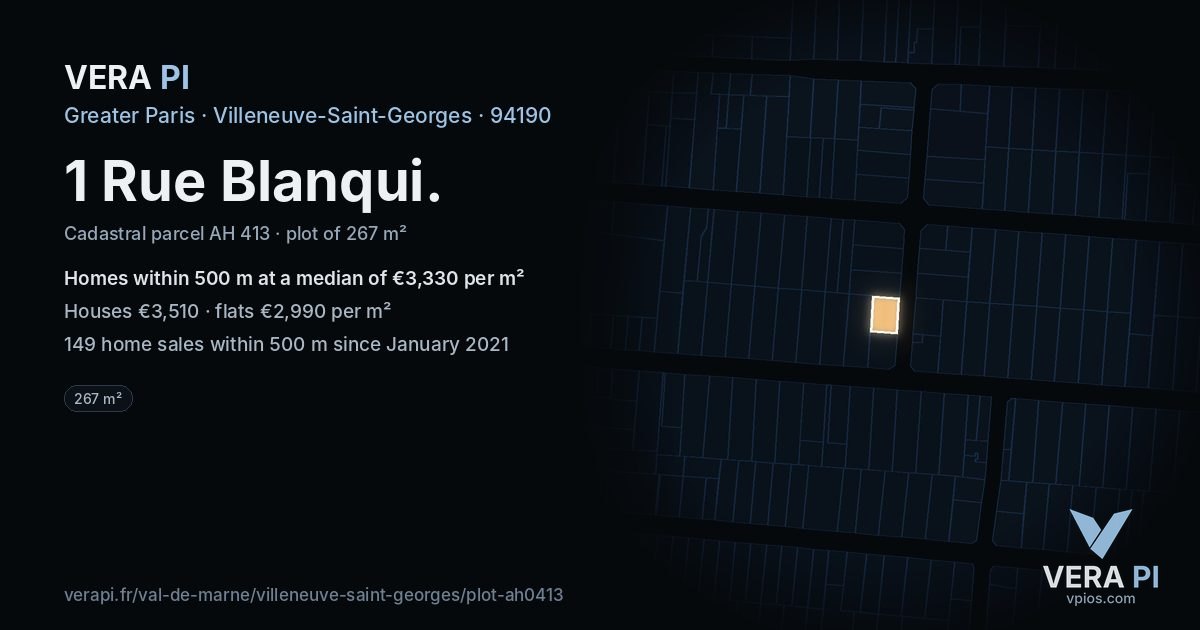 1 Rue Blanqui, Villeneuve-Saint-Georges at night – the plot lit, the parcels around coloured by the prices near them