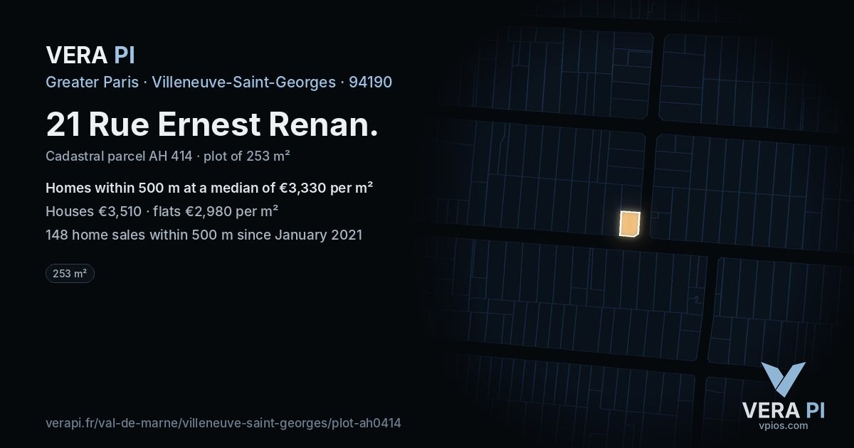 21 Rue Ernest Renan, Villeneuve-Saint-Georges at night – the plot lit, the parcels around coloured by the prices near them