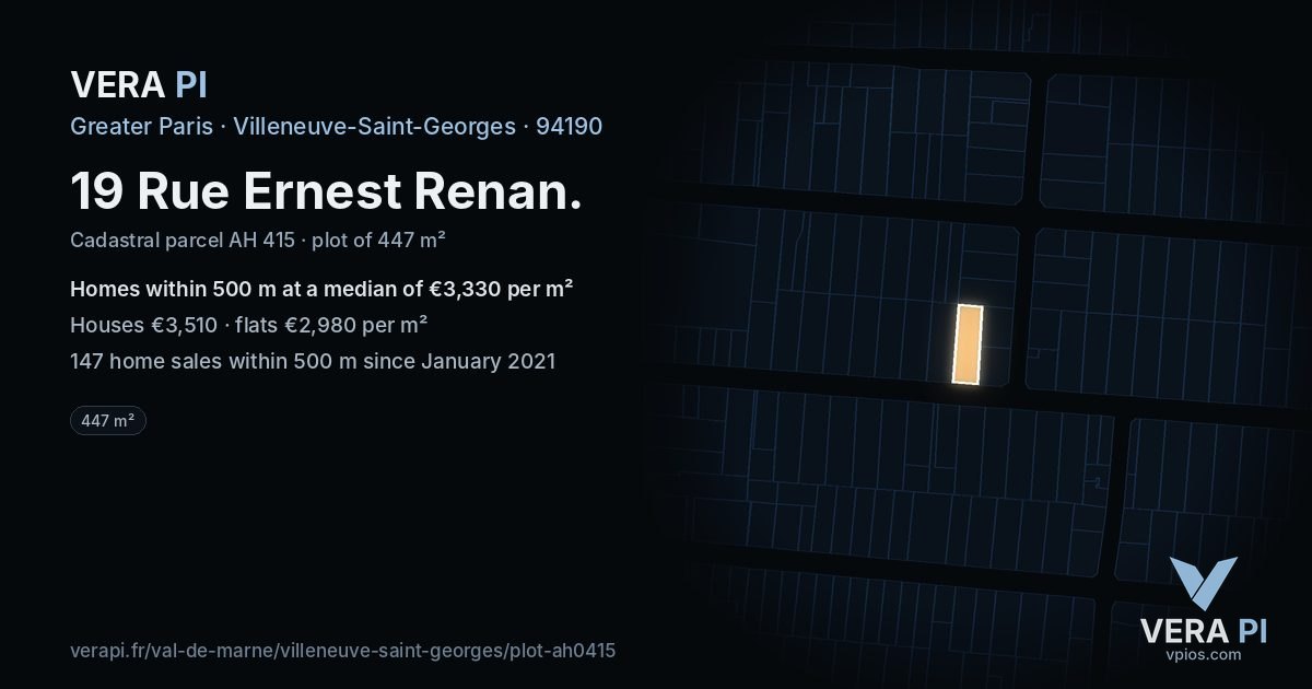 19 Rue Ernest Renan, Villeneuve-Saint-Georges at night – the plot lit, the parcels around coloured by the prices near them