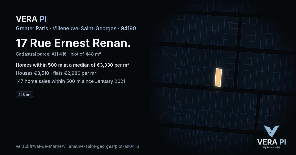 17 Rue Ernest Renan, Villeneuve-Saint-Georges at night – the plot lit, the parcels around coloured by the prices near them