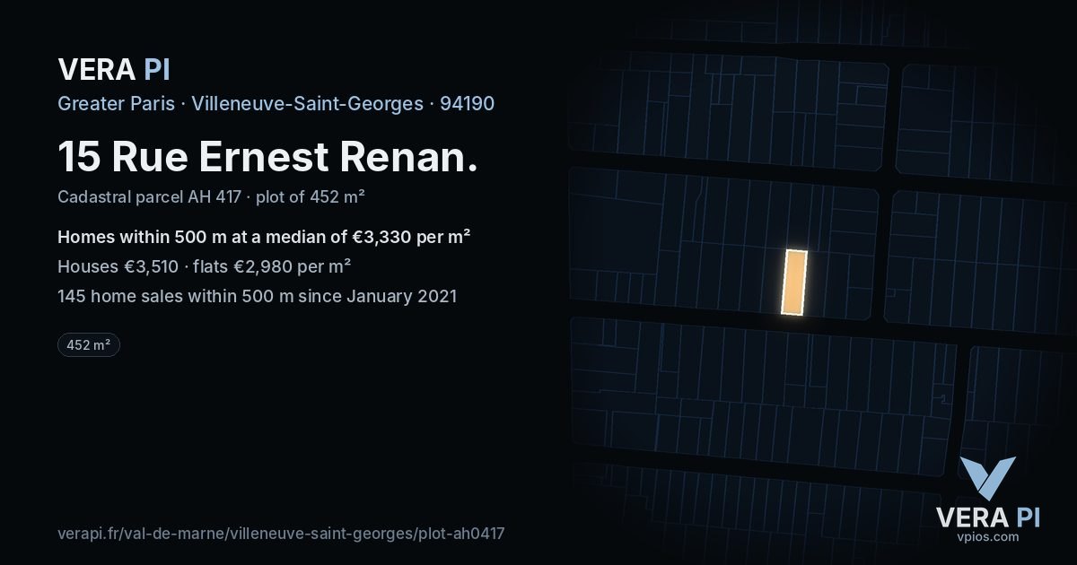 15 Rue Ernest Renan, Villeneuve-Saint-Georges at night – the plot lit, the parcels around coloured by the prices near them