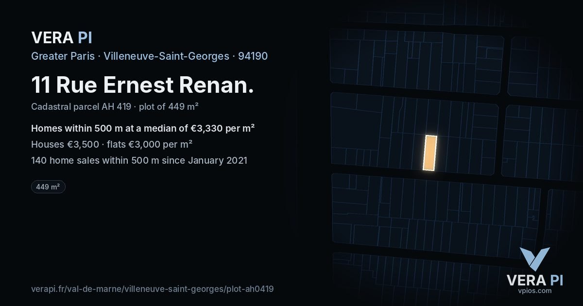 11 Rue Ernest Renan, Villeneuve-Saint-Georges at night – the plot lit, the parcels around coloured by the prices near them