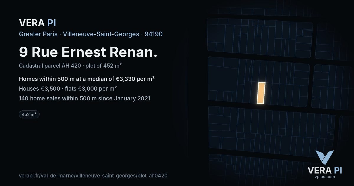9 Rue Ernest Renan, Villeneuve-Saint-Georges at night – the plot lit, the parcels around coloured by the prices near them