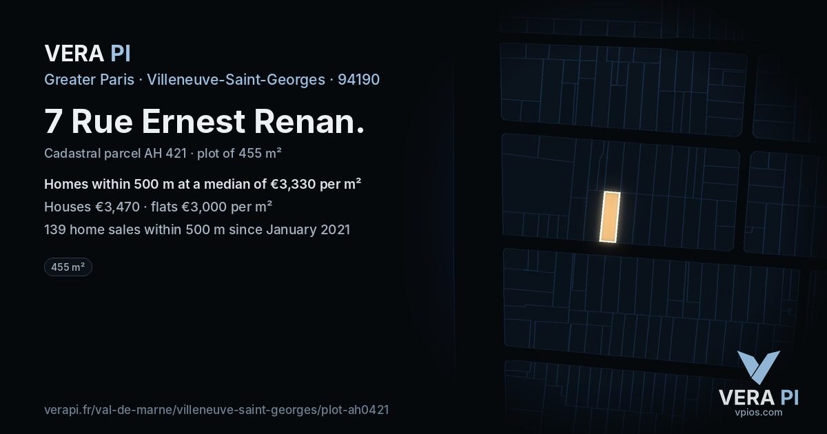 7 Rue Ernest Renan, Villeneuve-Saint-Georges at night – the plot lit, the parcels around coloured by the prices near them