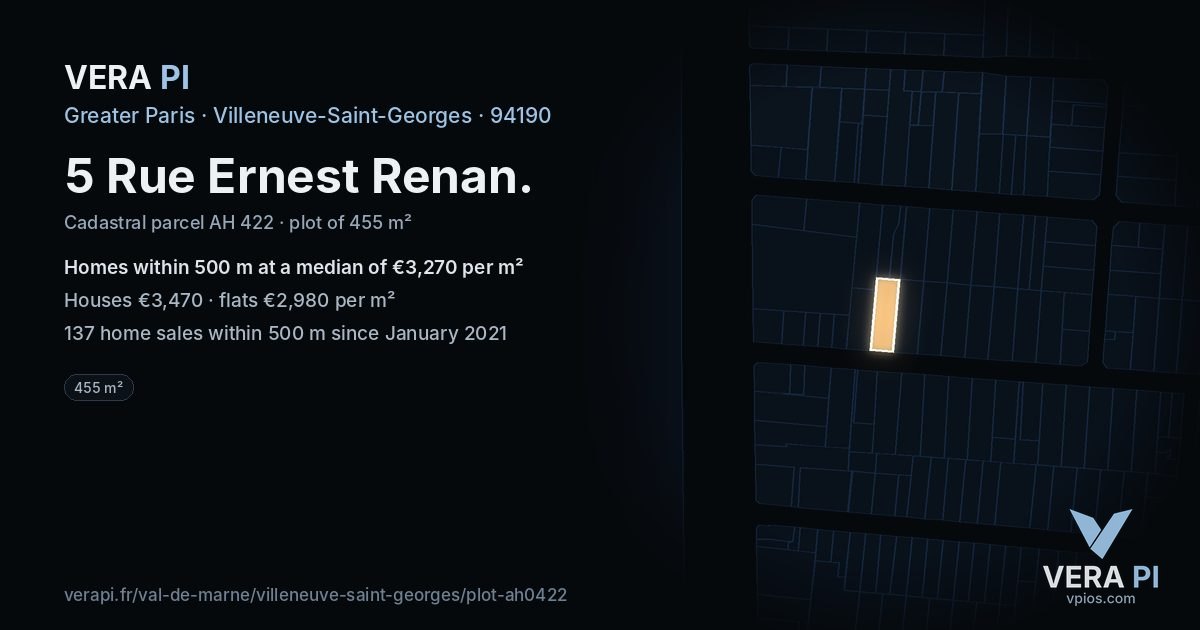 5 Rue Ernest Renan, Villeneuve-Saint-Georges at night – the plot lit, the parcels around coloured by the prices near them