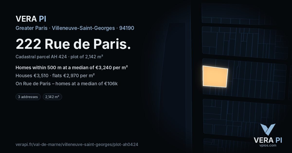 222 Rue de Paris, Villeneuve-Saint-Georges at night – the plot lit, the parcels around coloured by the prices near them