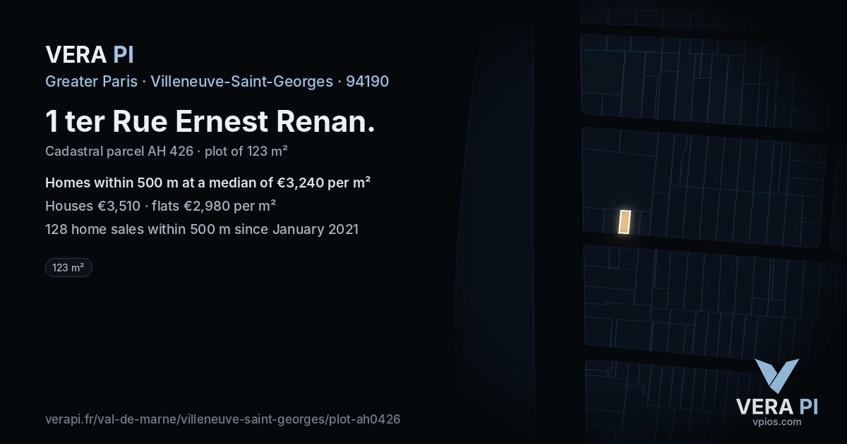 1 ter Rue Ernest Renan, Villeneuve-Saint-Georges at night – the plot lit, the parcels around coloured by the prices near them