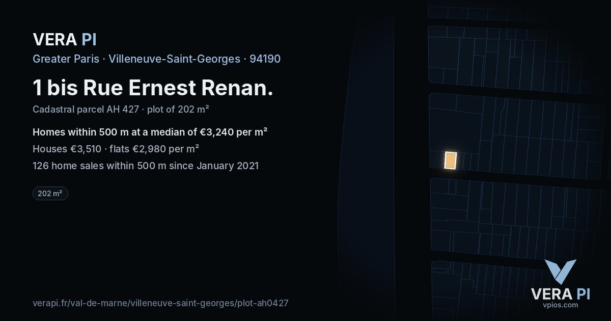 1 bis Rue Ernest Renan, Villeneuve-Saint-Georges at night – the plot lit, the parcels around coloured by the prices near them