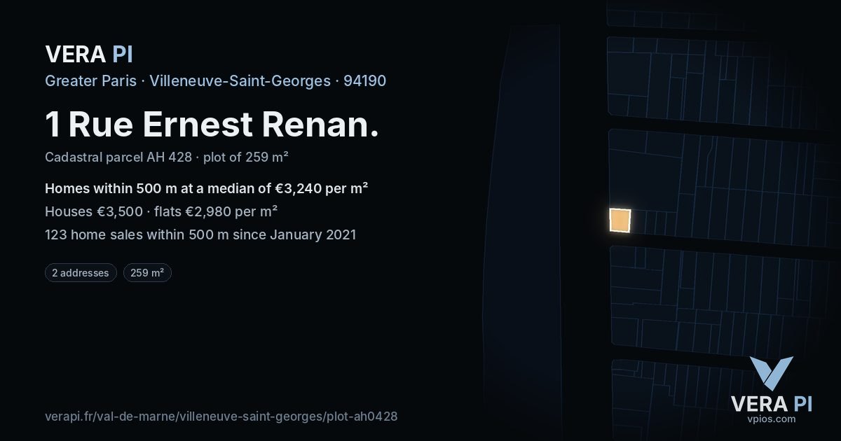 1 Rue Ernest Renan, Villeneuve-Saint-Georges at night – the plot lit, the parcels around coloured by the prices near them