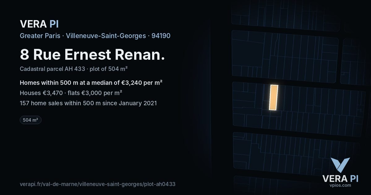 8 Rue Ernest Renan, Villeneuve-Saint-Georges at night – the plot lit, the parcels around coloured by the prices near them