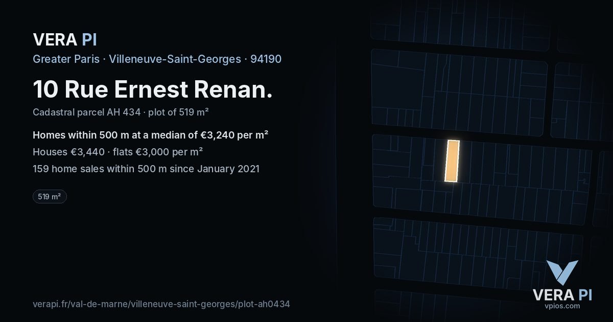 10 Rue Ernest Renan, Villeneuve-Saint-Georges at night – the plot lit, the parcels around coloured by the prices near them