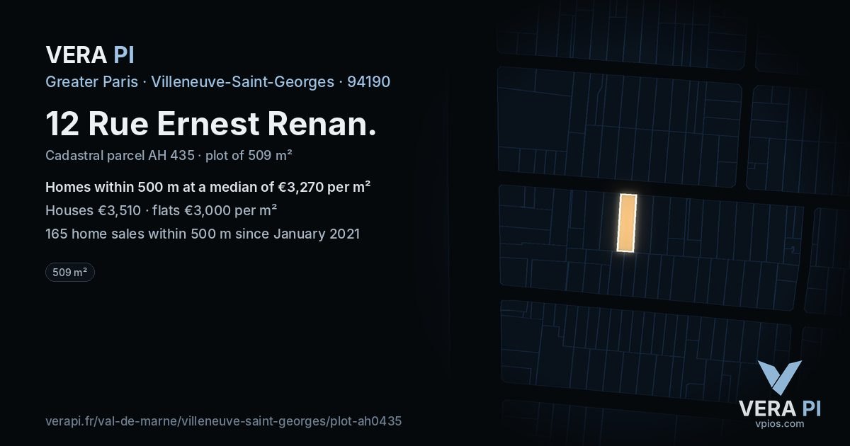 12 Rue Ernest Renan, Villeneuve-Saint-Georges at night – the plot lit, the parcels around coloured by the prices near them