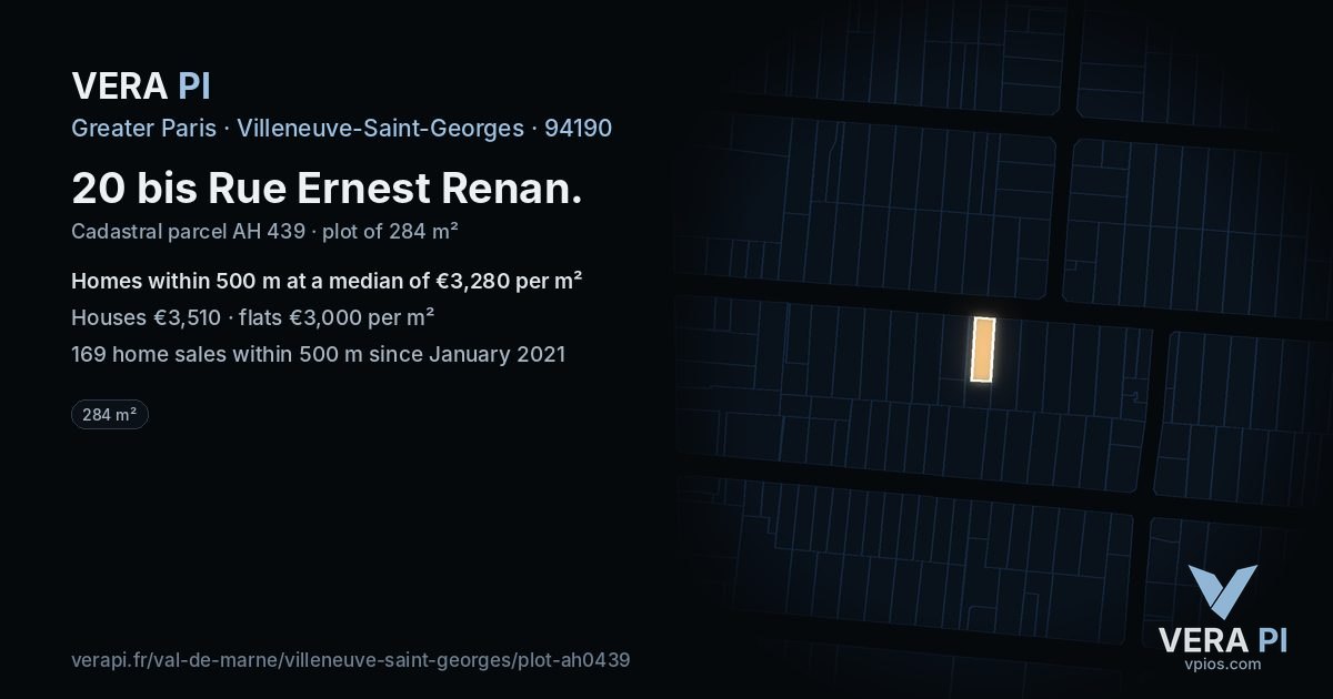 20 bis Rue Ernest Renan, Villeneuve-Saint-Georges at night – the plot lit, the parcels around coloured by the prices near them