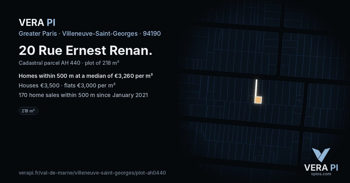 20 Rue Ernest Renan, Villeneuve-Saint-Georges at night – the plot lit, the parcels around coloured by the prices near them