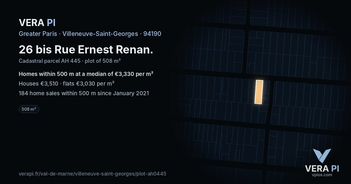 26 bis Rue Ernest Renan, Villeneuve-Saint-Georges at night – the plot lit, the parcels around coloured by the prices near them