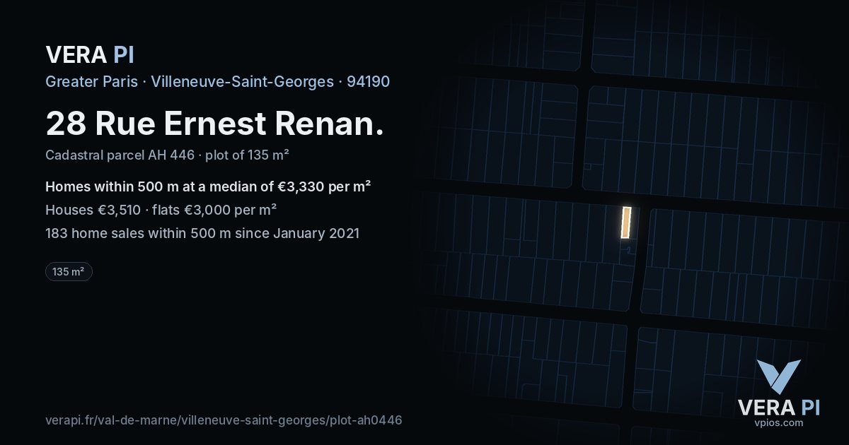 28 Rue Ernest Renan, Villeneuve-Saint-Georges at night – the plot lit, the parcels around coloured by the prices near them